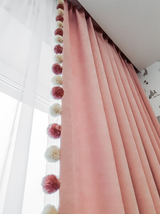 Blush Pink Pom-Pom Curtains for Kids Room
